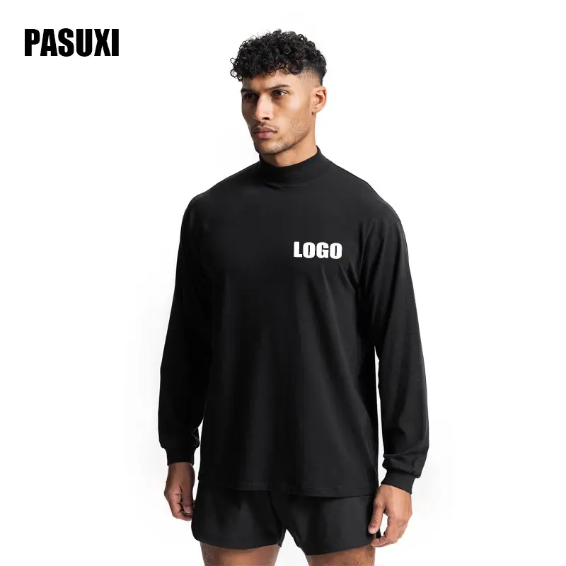 PASUXI नई खेल लंबी बांह की टी शर्ट Mens छोटे Neckline वसंत आकस्मिक उच्च गर्दन ठोस रंग टेरी Bottoming शर्ट