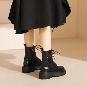 Botines de piel sintética para mujer, estilo otoñal, cómodos, negros, con cordones, de cuero vacuno, con cremallera, suela gruesa, transpirables, con forro de piel - Product Image 3