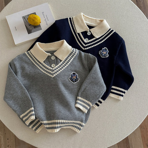 JK Style Knit Sweater With Embroidered Crest School Uniform Look Cotton Blend Gray And Navy Blue For Kids And Teens - Product Image 2
