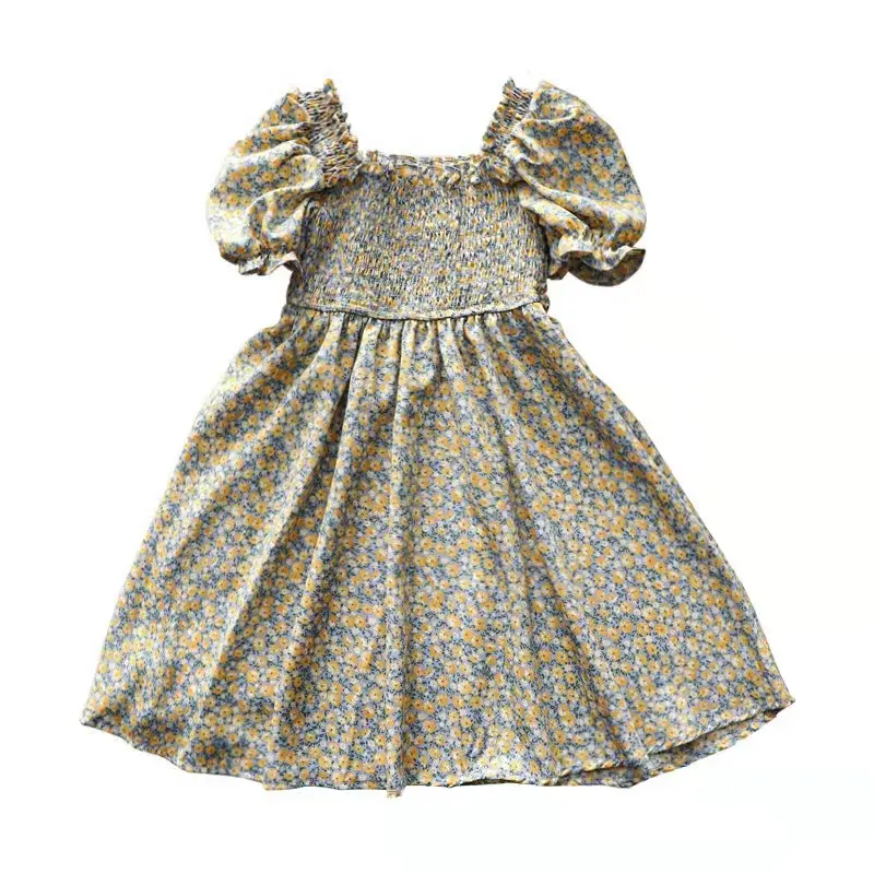 2023 nouveau été filles en mousseline de soie Floral élastique bébé princesse robe enfants Bage décontracté court hiver imprimé manches bouffantes