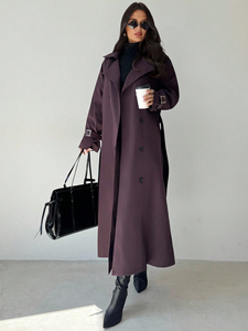 Manteau trench élégant pour femme en tissu tissé d'hiver avec fermeture à ceinture, 100% polyester, longueur extra-longue, coupe-vent, anti-froissement et chaud - Product Image 1