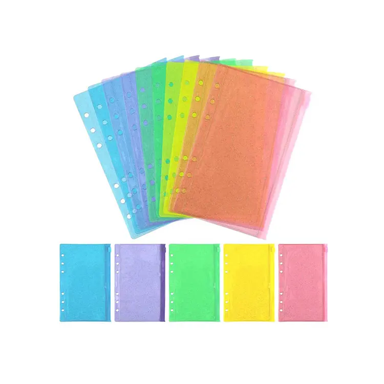 กันน้ํา PVC กระเป๋าโฟลเดอร์โน้ตบุ๊ค Binder สีสันหลุม Glitter A6 Binder เงินสดซิปกระเป๋าสําหรับเอกสารใบเสร็จรับเงินภาพ