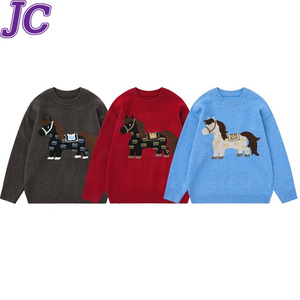 Pull Joychuang pour le Nouvel An, col <span class=keywords><strong>rond</strong></span> rouge, année du cheval, unisexe, hiver, Noël, superposition, tricoté, lourd, t-shirt - Product Image 1