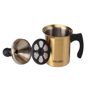 Mousseur à lait manuel en acier inoxydable à double maille, pompe à main pour lait et crème, pour café, latte, cappuccino - Finition dorée - Product Image 6