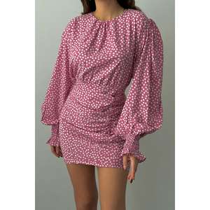 Vestido ajustado fucsia con lunares, cuello redondo, con lazo en la cintura, para uso diario, tela tejida, estilo casual. - Product Image 5