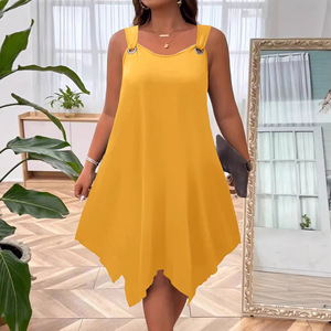 Summer Beach Casual Women's Mid-length Sweet Swing <strong>Dress</strong> O Ring Strap Irregular <strong>Hanky</strong> <strong>Hem</strong> Loose Fit Solid Color Bulk Wholesale - Product Image 2