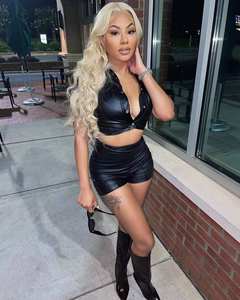 Modisches Zweiteiliges Set Aus PU-Leder – Bodycon Clubwear Für Damen – Kurze Ärmel Crop Top Outfits – Zweiteiliges Kurzes Set Für Damen - Product Image 1