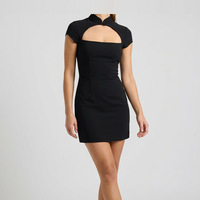 Robe mini noire pour femme, à découpes, col montant, manches courtes, moulante, pour soirée d'anniversaire, Fabricant
