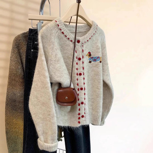 Women's <b>Thick</b> Knitted <b>Cardigan</b> Apricot Round Neck Soft Cozy Autumn Winter Sweater Coat With Dog Embroidery - Product Image 1