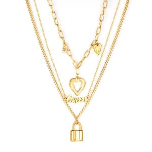 Collar Personalizado de Acero Inoxidable Chapado en Oro con Tres Capas de Cadena y Colgante de Corazón con Candado para Mujer - Product Image 4