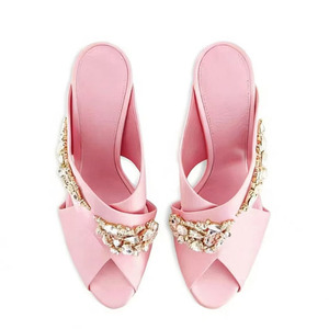 Sandales à talons hauts épais en soie à bout ouvert pour femme, grande taille 45, avec strass brillants, pour le bureau, mules à coupe large - Product Image 5