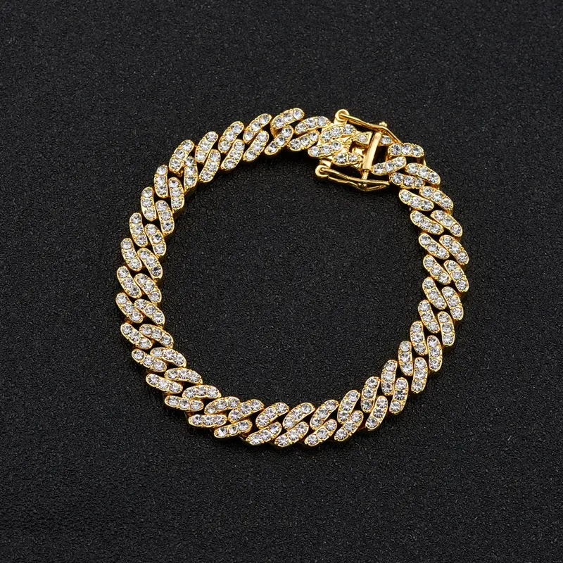 RQ iced out cuban chain Alloy Rhinestones 9mm Cuban Link Chain Necklace Bracelets Cheap Rapper Jewelries cadenas de oro