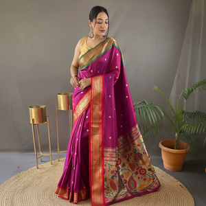 Nouvelle arrivée, sari en soie Paithani en pur coton doux, design de créateur, confort traditionnel, à porter toute la journée, broderie jacquard toute la journée, pour les fêtes - Product Image 1