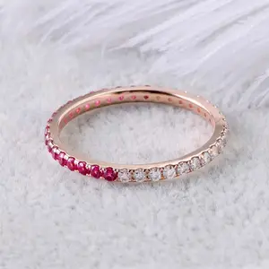 Half 1.8mm moissanite and ruby stones eternity wedding ring band for lovers