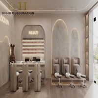 Meubles de salon de beauté en bois massif personnalisables, éclairage et étagères pour salon de beauté, pour la vente au détail