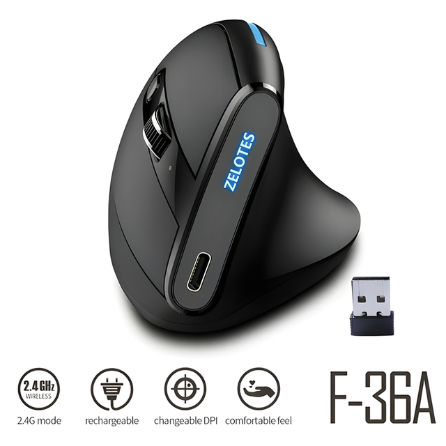 New F-36A 2.4G Wireless Ergonomic Vertical Mouse 3 Adjustable DPI Rechargeable LED Backlit Optical Office Mice for Laptop PC