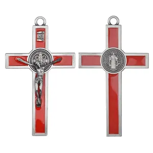 High Quality Rosary Crucifix Pendant Big Red Enamel Saint Benedict Cross Medal In Antique Copper Plated zamak