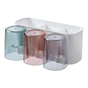 Support de brosse à dents rond transparent multifonctionnel, fixation murale sans perçage, ensemble de 4 tasses pour rangement de salle de bain - Product Image 5