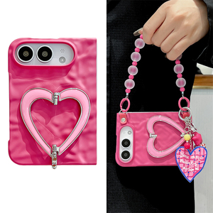 Nouvelle coque de protection unique coréenne pour iPhone Duo Fold, effet peau, rouge rose, support en forme de cœur, antichoc, mode coréenne - Product Image 1