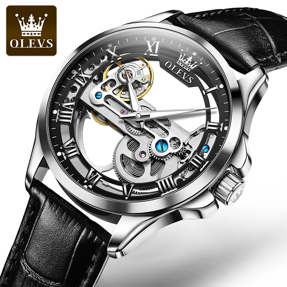 OLEVS 6661 moda impermeable descuento OEM relojes de lujo hombres muñeca deporte oro Automat relojes de pulsera de cuero para hombres