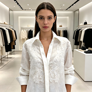 Soft-Style <strong>Sheer</strong> Lace <strong>White</strong> Shirt for Women Textured Oversized Long-Sleeve Shirt <strong>Top</strong> Perfect for Work or Dates - Product Image 1