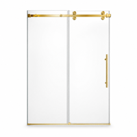 Porte de douche coulissante simple en verre trempé sans cadre, finition or poli, roulettes apparentes carrées, design moderne, pour projets résidentiels de luxe