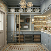 Armoire d'angle haute vintage bleue en acier inoxydable, moderne et écologique, avec tiroirs et étagères pour le rangement de cuisine
