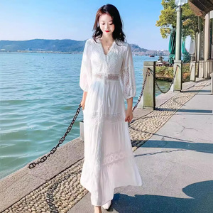 Quality <strong>Fairy</strong> <strong>White</strong> Spring Summer New Fashion Hollow Design Long Bohemian Solid Color Slim Organic Cotton V-neck Crochet <strong>Dress</strong> - Product Image 2