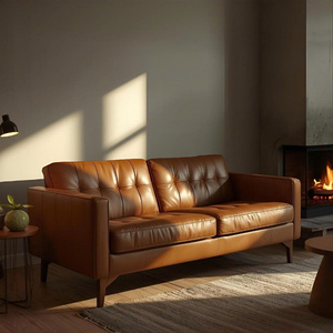 Sofá de Dos Plazas de Estilo Moderno de Mediados de Siglo, Muebles de Sala de Estar, Patas de Madera de Caucho, Cuero Genuino, Ecológico, para Uso en Talleres Escolares - Product Image 2