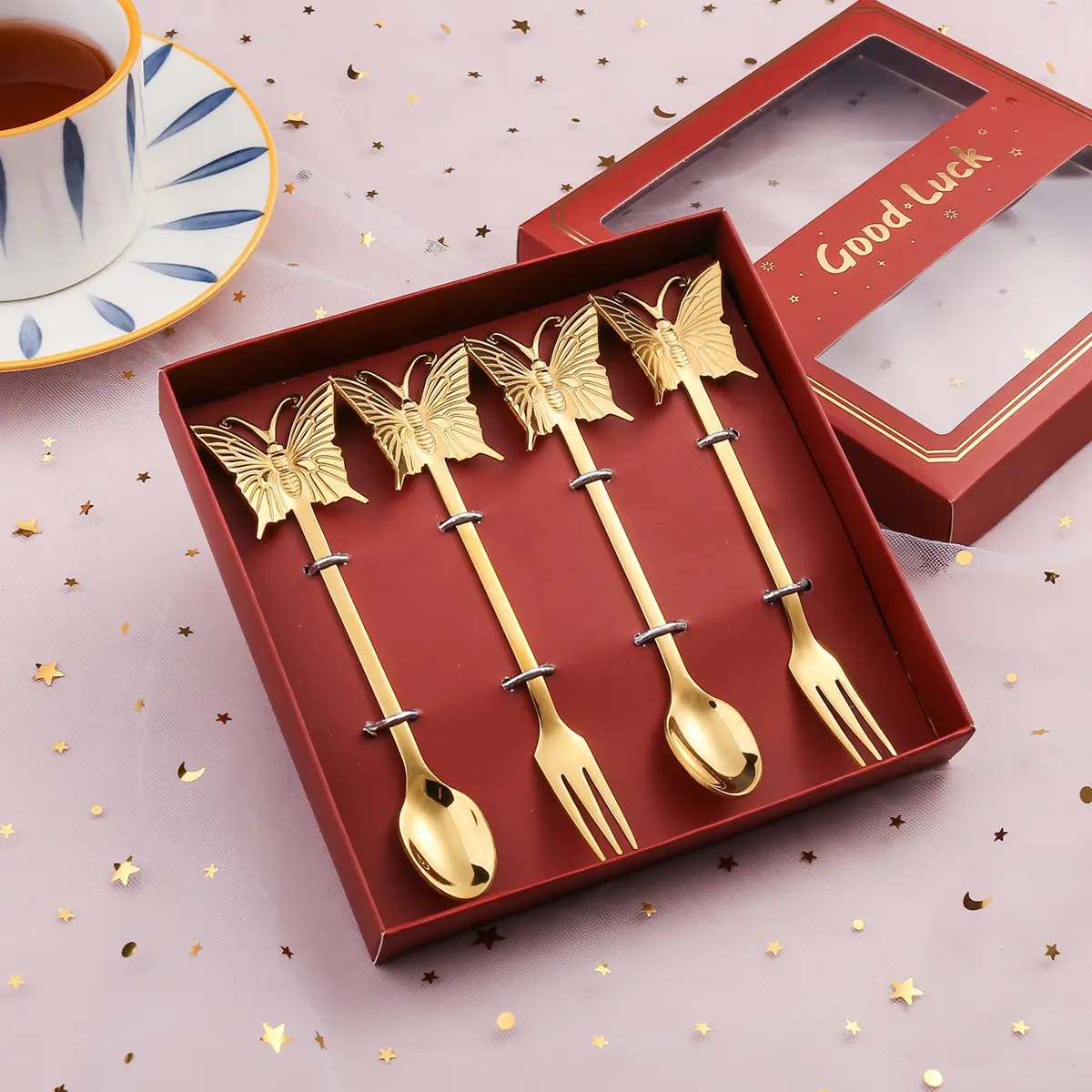 Butterfly stainless steel high matte polish golden gold tea coffee spoon bulk metal spoons personalized bulk metal spoons