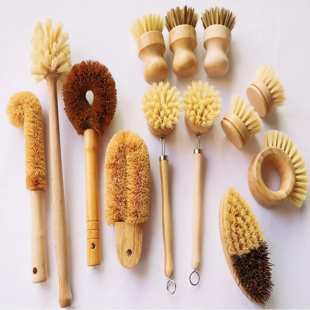 Eco friendly bamboo wooden sisal dish brush coconut vegetable cleaning brush