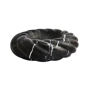 Hand Carved Helix Nero Marquina Marble Stone Bowl Black Marquina Marble Rope Stone Bowl Honed Surface