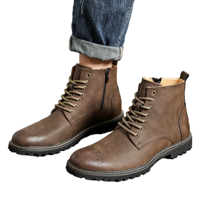 Bottes de travail en cuir PU style western, pointure 38-46, bout large, rétro, à lacets pour homme, automne/hiver - Product Image 1