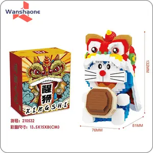 Hadiah ulang tahun anak-anak Model 3D DIY dirakit mainan lucu Lion Dance figur bata Mini Doraemon blok ajaib blok bangunan mikro