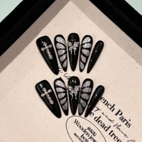Faux ongles à presser personnalisables faits main, style gothique, croix 3D, nœud noir, réutilisables, longs, forme stiletto, à coller