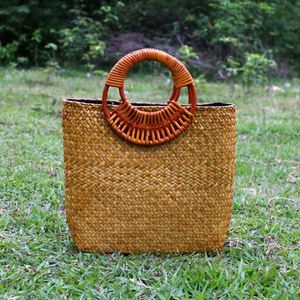Vintage Handmade Ladies Tote <b>Bag</b> Linen Cotton Fabric Lining <b>Straw</b> <b>Bag</b> for Holiday Travel - Product Image 1