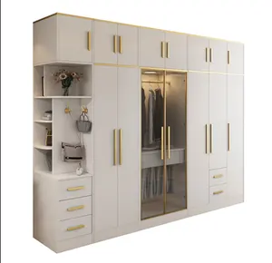 Premium — armoire en bois modulable intégrée, coulissante en or, moderne pour chambre à coucher, porte en verre, armoire personnalisée pour vêtements