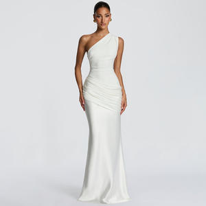 Ventes en gros de robes chics à une épaule, robes longues plissées d'été, robes sexy élégantes à enrouler autour des hanches, robes de soirée en satin pour femmes, robes de fête d'anniversaire - Product Image 5