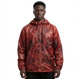 Men's <b>Hooded</b> PU Windbreaker <b>Jacket</b> <b>Red</b> Tie-Dye Print Waterproof Casual Outerwear Winter Wear - Product Image 1