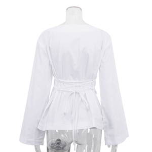 Vêtements pour femmes du printemps, hauts personnalisables en gros, bandage, t-<span class=keywords><strong>shirt</strong></span> <span class=keywords><strong>blanc</strong></span> uni, <span class=keywords><strong>femme</strong></span>, manches longues évasées, t-shirts en coton uni - Product Image 5