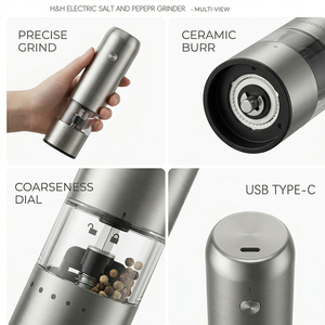 Ensemble moulin à sel et à poivre électrique mini et minimaliste, portable, en acier inoxydable de qualité alimentaire raffiné, avec support en <span class=keywords><strong>bois</strong></span> élégant - Product Image 3