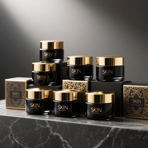 High Class 15g 30g 50g Round <b>Empty</b> Black Glass Eye Cream Cosmetic Jars With Square Paper <b>Box</b> - Product Image 1