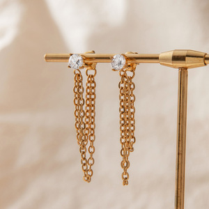 Pendientes de Araña con Cadena Dorada, Borla Redonda y Circonita Blanca Engastada en Garra, de Acero Inoxidable, Joyería para Fiesta - Product Image 2