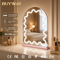 Miroir de vanité arqué avec revêtement en poudre, 70 cm, bord ondulé festonné, bande LED SMD haute densité, gradation 3 tons 3000K-6500K, capteur tactile