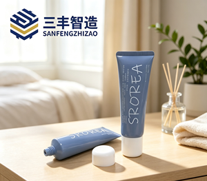Tube cosmétique bleu à presser avec capuchon blanc pour crème pour les mains - Product Image 1
