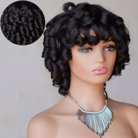 Perruque Amygirl 100% cheveux humains vierges indiens, fabriquée à la machine, style bob bouclé rebondissant, longueur courte de 10 pouces, sans colle, densité 200%, noire