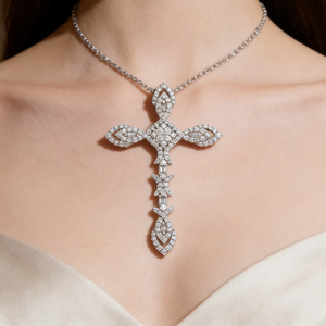 CUSTOM SILVER 10K/14K/18K GOLD PLATED LAB GROWN CVD DIAMOND CLASSIC ENGAGEMENT GIFT SWEATER <b>CHAIN</b> NECKLACE <b>CROSS</b> PENDANT - Product Image 3