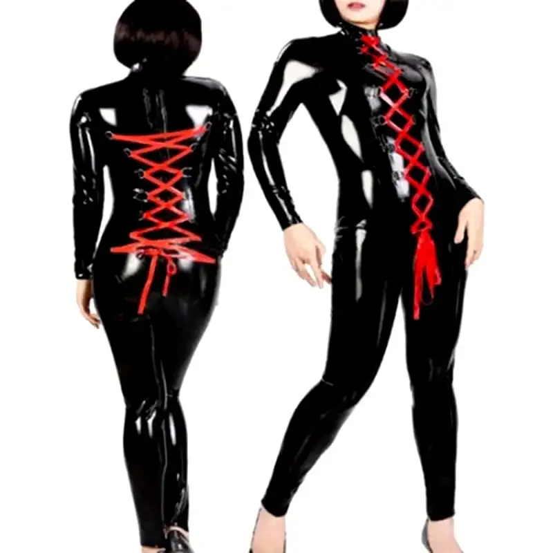 Moglovers cơ thể con người Vinyl trang phục Catsuit/zentai phù hợp với tôn sùng cho sexy chặt chẽ ren đỏ lên phía trước