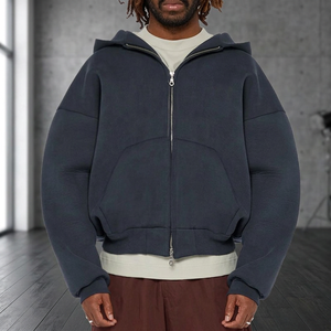 Sudadera con capucha negra extragrande de 500 g/m² con doble cremallera, personalizada, 100% algodón, forro polar grueso, unisex, con cremallera completa, transpirable - Product Image 5