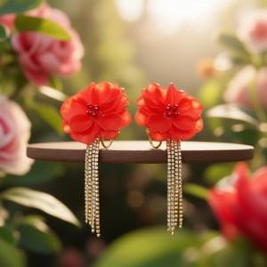 Pendientes Colgantes de Moda con Flor Roja y Borla de Cristal, Acero Inoxidable 316L con Baño de Oro PVD - Product Image 3